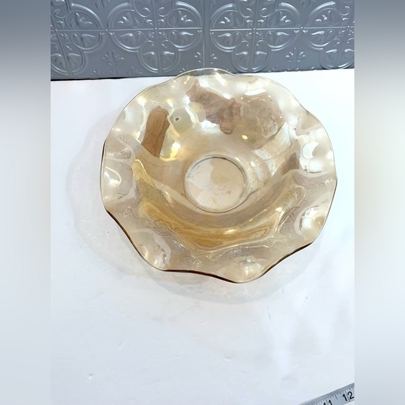 Vintage Jeannette Floragold Louisa Carnival glass bowl ruffled edge c. 1950 - Picture 2 of 5